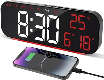 Image de Réveil numérique Cuteefun avec écran LED 10 pouces, veilleuse, double alarme, fonction snooze, gradation automatique, date, température et affichage 12/24 heures