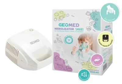 Produktbild von Geomed, Geomed, Vernebler, mit Kompressor und kompaktem Design, fü r Erwachsene und Kinder, elektrisch, Maske fü r Erwachsene, Kindermaske, Mundstü ck, Luftschlauch und Medikamentenbecher