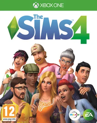 Cover art for The Sims 4 video game for Xbox One, featuring a diverse group of cartoon characters.
