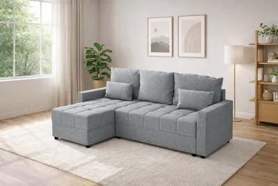 Zdjęcie produktu dla Narożnik DOMINO L z funkcją spania 120x200, pojemnik na pościel, uniwersalny L/P, Malmo 90 szary, 226 cm