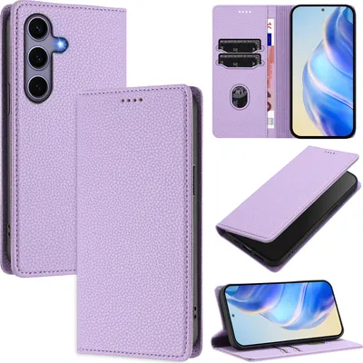 Image de Etui en cuir pour Samsung Galaxy S25, Litschi cuir, étui portefeuille avec fentes pour cartes et support Violet