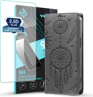 Produktbild von Handyhülle für Samsung Galaxy S26 RFID Schutz Klapphülle Case Cover Blumen Design Traumfänger Schutzhülle mit 9H Displayglas Farbe: Schwarz
