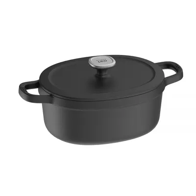 Produktbild von BergHOFF Leo ovale Gusseisen Kasserolle mit Deckel, 27 cm, 4,8 L, Emaille Antihaft, Induktion, geeignet für Ofen, schwarz