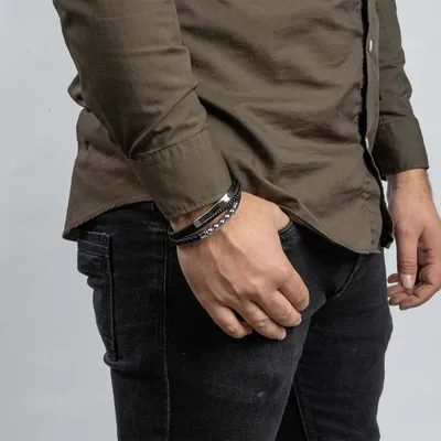 Image de SERASAR | Bracelet en cuir de première qualité pour hommes [Pearl] avec acier inoxydable noir | Couleur : Noir | Longueur : 20cm