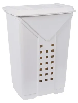 A white laundry basket with a lid.