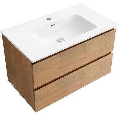 Immagine prodotto di CERANO - Mobile da bagno Carole - rovere miele + lavabo in Vetroceramica Novo - bianco lucido - 101x49,5x46,5 cm