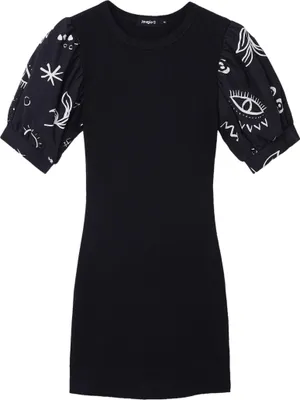 Produktbild von Desigual Damen Kleid - Schwarzes Kleid mit Puffärmeln und Kontrastprint 22WWVK712000 GR. L