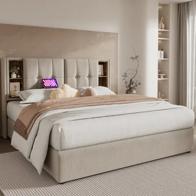 Produktbild von Doppelbett, Polsterbett 180x200, mit kabellosem Laden & USB-C, Stauraum, Holzlattenrost, Leinen, Natur