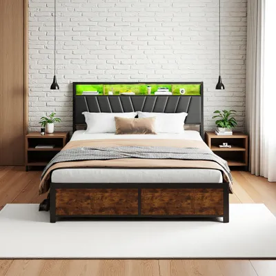 Immagine prodotto di Letto imbottito Fortuna Lai 140*200cm con rete a doghe e testata, letto per ragazzi con led e mensola, letto matrimoniale in metallo, letto contenitore con 4 cassetti, PU, nero