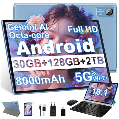 Image de Tablette Android 2026, 128 Go de stockage interne + 2 To, processeur Gemini AI, batterie 8000 mAh,  Widevine L1, processeur octa-core, Bluetooth 5, GPS, compatible GMS, avec souris et clavier, couleur bleue