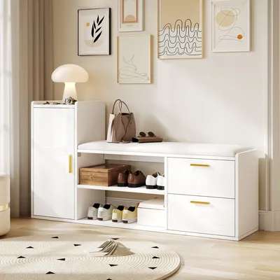 Obrázek produktu pro Skříňka na boty s vestavěnou lavicí a zásuvkami – vysoký lesk, bílá barva – rozměry 128x30x68 cm, vhodná do předsíně a obývacího pokoje