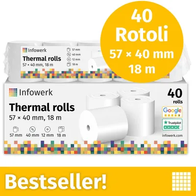 Immagine prodotto di NUOVO: Infowerk Rotoli termici / Rotoli per registratore di cassa, 40 rotoli, 57mm x 40mm x 12mm, 18m, , PEFC, per EPSON, IBM e molti altri
