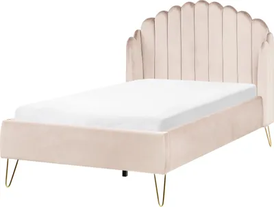 Produktbild von BELIANI Polsterbett Hellbeige Stoff mit Lattenrost 120 x 200 cm Vertikale Steppung Muschel-Kopfteil Schlafzimmer Ehebett Modern