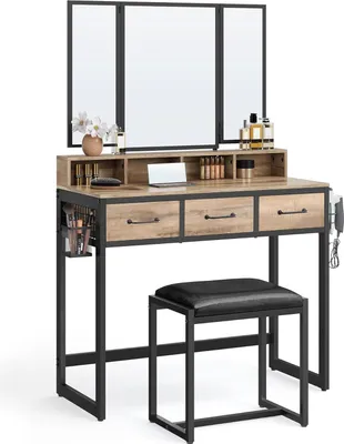 Produktbild von VASAGLE Schminktisch mit gepolstertem Hocker, Schminktisch mit Dreifachspiegel, 3 Schubladen, Fönhalter, Kosmetiktisch, Industriestil, Eiche braun-