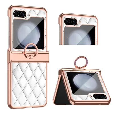Immagine prodotto di Custodia per Samsung Galaxy Z Flip 5 Custodia in pelle galvanizzata con supporto per anello e protezione della cerniera Bianco