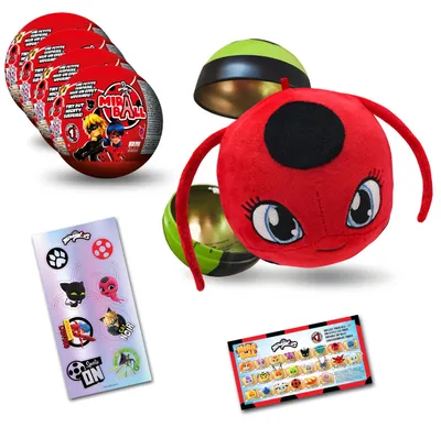 Obrázek produktu pro Miraculous Ladybug, sběratelská hračka v kapsli, sada 4 kusů, Miraball překvapení: plyšová figurka Kwami, kovová koule s obrázky postav, třpytivé samolepky, zavěsné poutko – 4 kusy Miraball