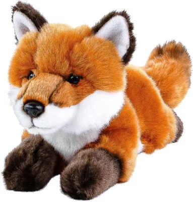 A plush toy fox lying down, viewed from the front.