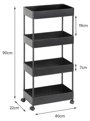 Immagine prodotto di Carrello di servizio - Carrello da cucina stretto con 4 ripiani - Carrello mobile con ruote - Scaffale angolare con cesti forati - Nero