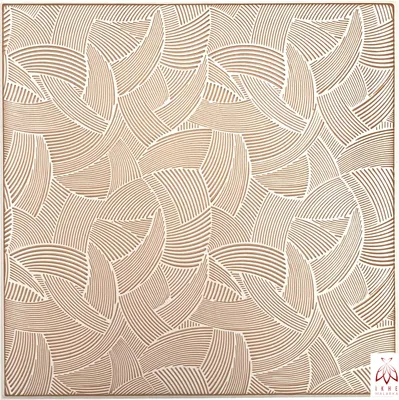 A repeating pattern of beige and white curved lines.