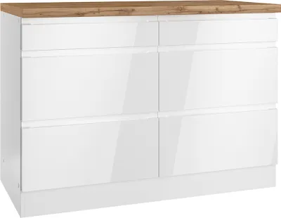 Produktbild von Unterschrank mit Schubladen 120 cm in Hochglanz weiß, Arbeitsplatte Eiche MARSEILLE-03