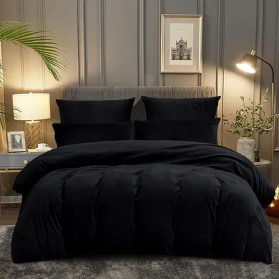 Immagine prodotto di Biancheria da letto in pile, 200x220 cm, colore nero, calda e soffice, con 2 federe 80x80 cm