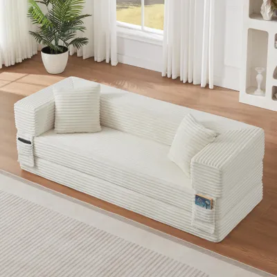 Obrázek produktu pro MODFU klasická pohovka, 2-místné relaxační sofa, sedací nábytek a rozkládací postel v jednom, kordový potah, sedací sestava, klasický čtvercový design, bílá