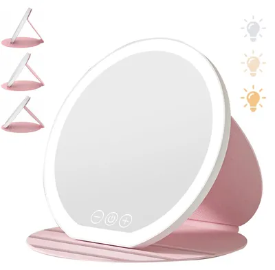 Produktbild von Faltbarer Makeup Spiegel Kunstleder mit Beleuchtung, Tragbarer Tischspiegel Klappspiegel, Kosmetikspiegel mit LED Licht, USB Schminkspiegel 3 Farblichter, Dimmbarer Touchscreen Reisespiegel, Rosa – 03.r