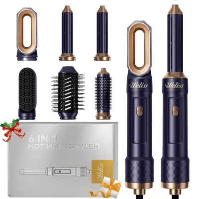Produktbild von UKLISS 6-in-1-Haarstyler, 1000 W, mit Rundbürste, Luftlockenstab, Glättbürste, Blau