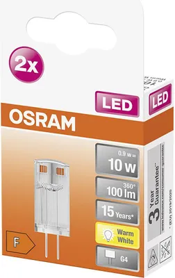Obrázok produktu pre OSRAM HOMELIGHTING 4058075449770 LED (monochromatická) EEC F (A – G) G4 Tvar žiarovky 0,9 W = 10 W Teplá biela (Ø x V) 12 mm x 33 mm 2 ks