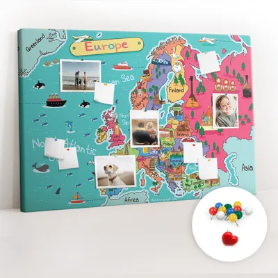 Obrázek produktu pro Korková nástěnka s kolíčky - Tabule s kolíky pro fotografie a poznámky - 120x80 cm - Připínáčky barevné 100 kusů - Mapa Evropy