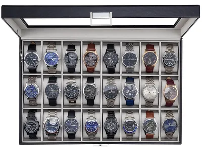 Image de Boîte à montres avec 24 compartiments et couvercle en verre, noire