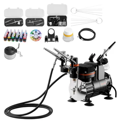 Obrázok produktu pre VEVOR Airbrush Set 1/6 PS so vzduchovým kompresorom, 3 dvojčinné airbrush pištole s 3 tryskami (0,3/0,3/0,35 mm) a hadicou a akrylovou farbou, na zdobenie tort, modelovanie, maľovanie nechtov, nízka hlučnosť