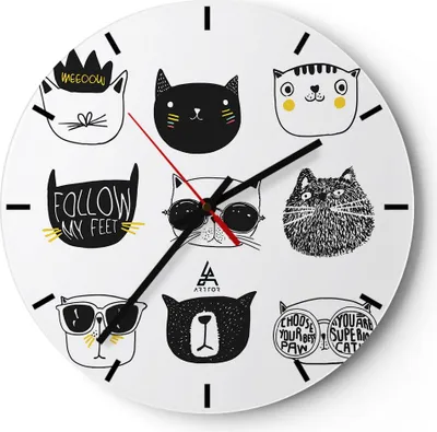 Produktbild von Wanduhr - Rund - Glasuhr - Katze Haustier Tiere Illustration - 40x40cm - Schleichendes Uhrwerk - Lautlos - zum Aufhängen bereit - Dekoration Modern - Wanddekoration aus Glas - C3AR40x40-2847