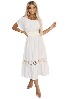 Produktbild von Numoco Damen Boho-Kleid mit Ajour-Stickerei Midikleid Maxikleid Sommerkleid Freizeitkleid Langkleid Tunikakleid, ecru/beige, Gr. XS-L