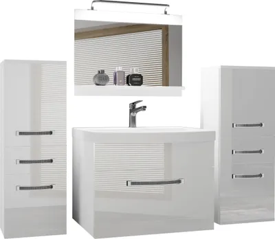 Immagine prodotto di Set completo di mobili da bagno BELINI mobile lavabo, 2x mobiletto, lavabo, specchio, lampada (bianco, lucido)