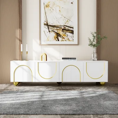 Produktbild von Merax Lowboard mit 4 Türen und Einlegeböden, TV-Schrank mit goldenen Nachbildung, TV-Ständer Fernsehtisch für Schlafzimmer und Wohnzimmer, B:170cm, Weiß