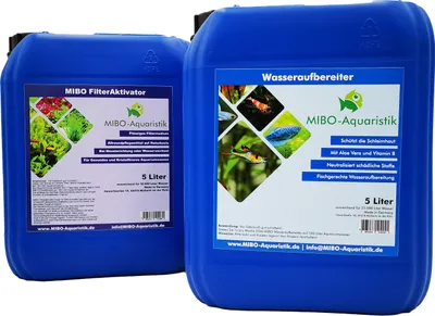 Produktbild von MIBO Aquarium Wasseraufbereiter & Filteraktivator im Spar-Set je 5.000 ml Kanister plus Algen-Kalkradierer gratis