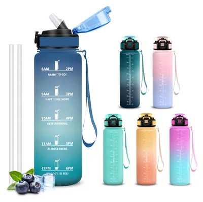 Produktbild von Mujigaga Trinkflasche 1L auslaufsicher mit Zeitmarkierung & Strohhalm für