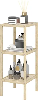 Image de Etagère de salle de bain, étagère de salle de bain avec 3 niveaux, étagère sur pied en bambou, avec coussin pour les pieds, pour salle de bain, salon, cuisine, 33 x 31 x 78 cm, bois naturel