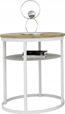 Zdjęcie produktu dla Okrągły Stolik Kawowy z Półką Do Salonu Loft 55 cm Metal Biały+Dąb Artisan