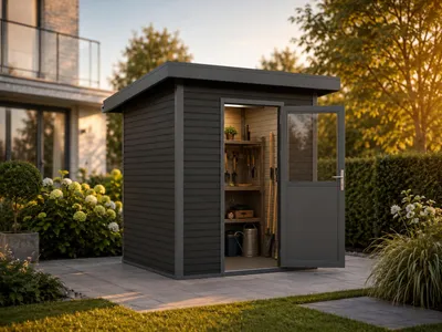Produktbild von Linholm WPC Gartenhaus Linia 2020 inkl. Dachrinnen-Set, 2-farbig Grau/Anthrazit, 4m², 200x200 cm