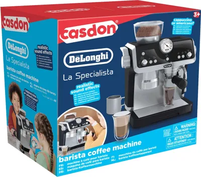 Produktbild von Casdon Spielzeug-Kaffeemaschine Barista, Kunststoff Schwarz Weiß, 25 x 24 x 16,5 cm, realistische Geräusche, bewegliche Teile, inkl. Zubehör, ab 3 Jahren, De'longhi La Specialista Nachbildung für spielerisches Lernen.