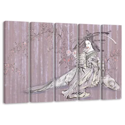 Produktbild von 5-teiliges leinwandbild traditionelle japanische geisha 100x70 cm Feeby lila wandbild bereit zum aufhängen