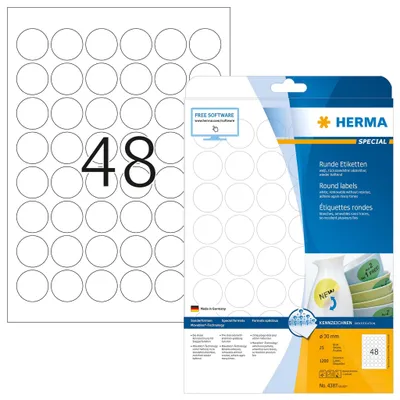 Zdjęcie produktu dla HERMA 4387, Biały, Samoprzylepne etykiety do drukowania, A4, Papier, Laser/Atrament, Wyjmowana