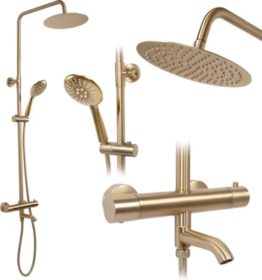 A collage of a gold-colored shower set, showing different parts and angles.
