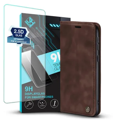 Produktbild von Handy Hülle für Xiaomi Redmi Note 9 mit 9H Displayglas Klapphülle Bookcase Flip Cover Handy Tasche Etui Farbe: Dunkelbraun