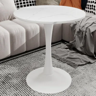 Image de MODFU Table basse de style mid-century moderne,Table d'appoint de salon avec plateau de marbre rond(70 cm de diamètre),Table basse avec pieds hauts et design de table ronde, blanc