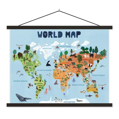 Produktbild von MuchoWow® Textilposter Weltkarte - Kinder - Tiere - Bäume 40x30 cm mit schwarzem Rahmen - Dekorationen