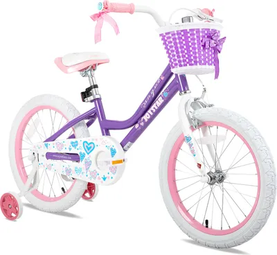 Produktbild von HILAND 18 Zoll Mädchen Kinderfahrrad mit Korb & Bändern, Vorderen Zangenbremse & Rückwärtige Pedalbremse, Stützräder, Lila