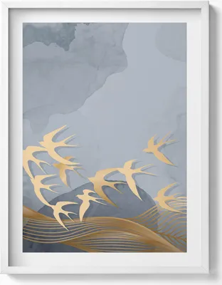 Produktbild von Illustration von fliegenden Vögeln– Wandbild mit Rahmen – Gerahmtes Bild  – Wanddekoration – 60x80 cm –  Weiß Rahmen